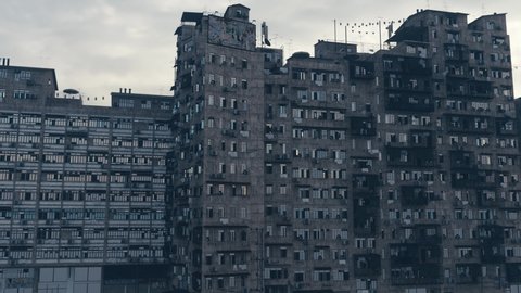 Slums of the future. Dystopian urban area. Abandoned city