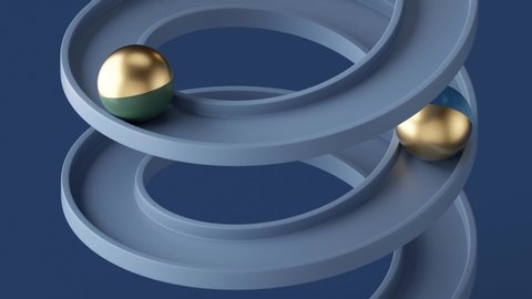 minimalist loop animation, golden balls rolling down the blue spiral, simple geometric shapes. Seamless movement. Looped background, cyclic live image, modern animated poster. Endless motion design