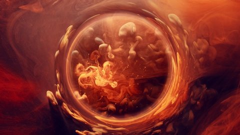 Ink water swirl. Magic firework. Orange sparks smoke circle motion.