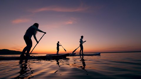 Young people are riding paddleboards across the sunset lake Arkivvideo