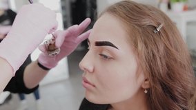 Professional makeup artist paints eyebrows to client with henna.
