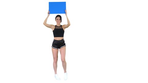 Ring girl walking holding empty board presenting new round on white background.