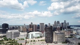 Aerial Drone Footage of Corktown Detroit. Detroit skyline and traffic visible on a beautiful sunny day