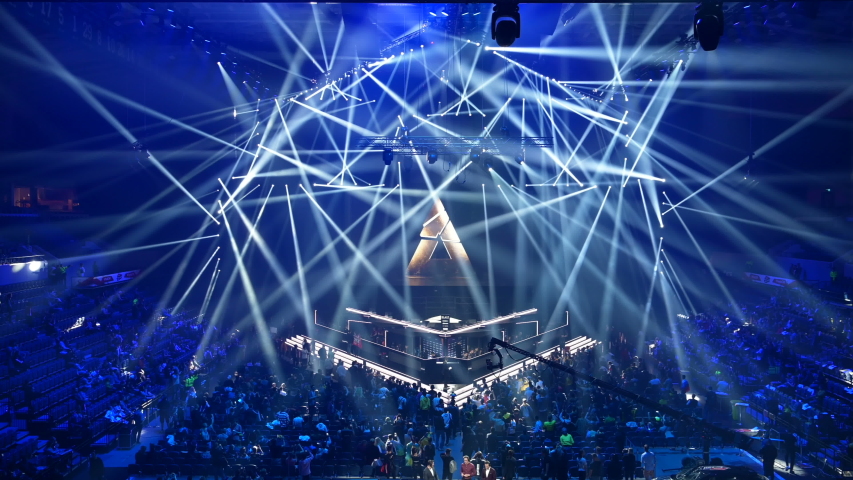 MOSCOW, RUSSIA - 14th SEPTEMBER 2019: esports Counter-Strike: Global Offensive event. Opening ceremony of the big tournament. Amazing light effects on a stage.