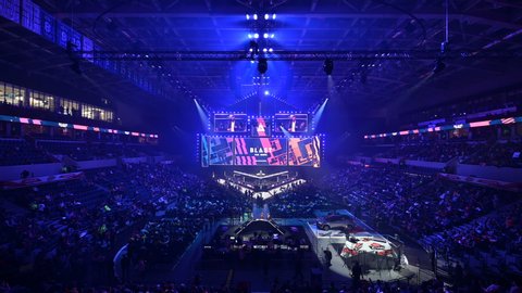 MOSCOW, RUSSIA - 14th SEPTEMBER 2019: esports Counter-Strike: Global Offensive event. Main stage, lightning, illumination, big screen before the opening ceremony.