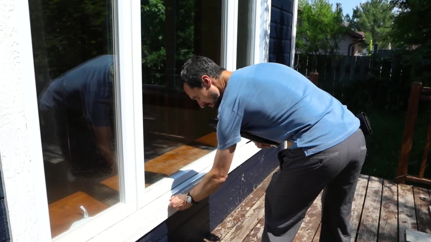 Indoor damp & air quality (IAQ) testing. Closeup and slow motion footage of a tall caucasian man at work, checking the door and window frames of a residential property against building regulations. Royalty-Free Stock Footage #1038496232