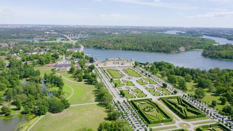 Stockholm, Sweden - June 23, 2019: Drottningholm. Drottningholms Slott. Well-preserved royal residence with a Chinese pavilion, theater and gardens, Aerial View, Point of interest
