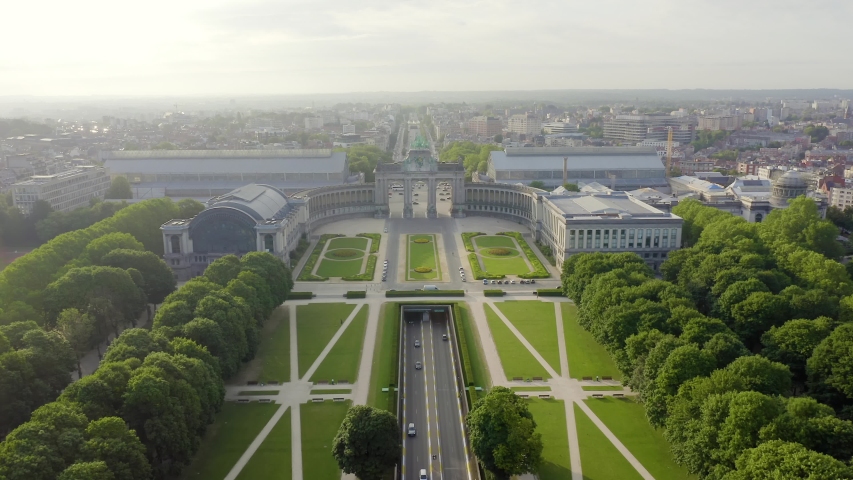 Brussels, Belgium. Park of the Fiftieth Anniversary. Park Senkantoner. The Arc de Triomphe of Brussels (Brussels Gate), Aerial View Hyperlapse, Point of interest