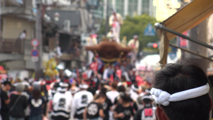 KISHIWADA, OSAKA, JAPAN - 14 SEPTEMBER 2019 : Scenery of DANJIRI MATSURI (Festival). “Danjiri” are the large wooden floats, or portable shrines, that are pulled around at the festival.