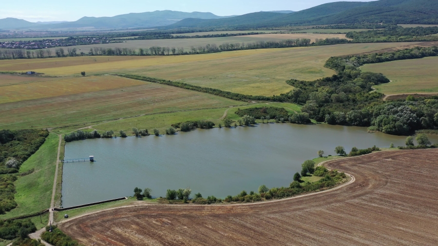 Aerial view of water reservoir in Secovce city in Slovakia