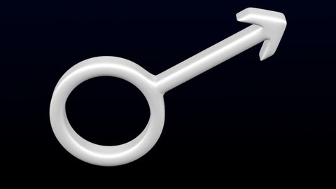 Concept - erectile dysfunction: white gender sign spear and shield of Mars bend on black and dark blue background. Loopable. Luma matte. 3D rendering.
