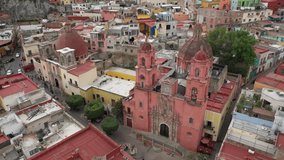 Aerial Drone View of a temple in the historical center of Guanajuato, Mexico