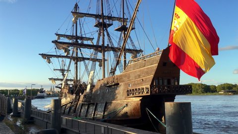 Bordeaux, France - September 2018 : El Galeón or Galeón Andalucía moored to the Port of Bordeaux, it is the replica of a 16th century Spanish galleon designed and built by Ignacio Fernández Vial