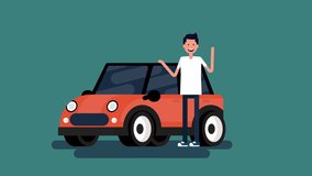 Happy person with his car. Eco car concept. Happy cartoon in video design.
