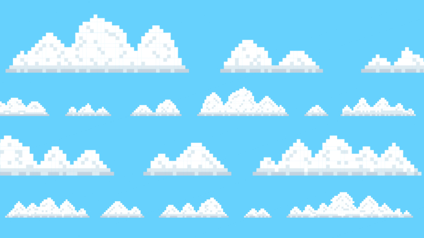 Old School 2D Retro Arcade Video Game Moving Clouds on a Blue Sky. 4K resolution. Royalty-Free Stock Footage #1038521501