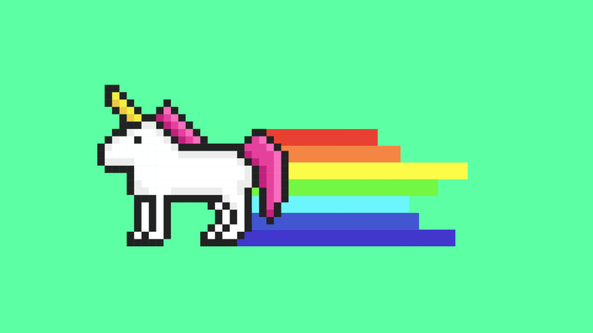 Pixel art. Arcade unicorn with Rainbow. Moving Clouds on a blue sky. Retro game style. Alpha channel. 4K resolution. | Shutterstock HD Video #1038524870