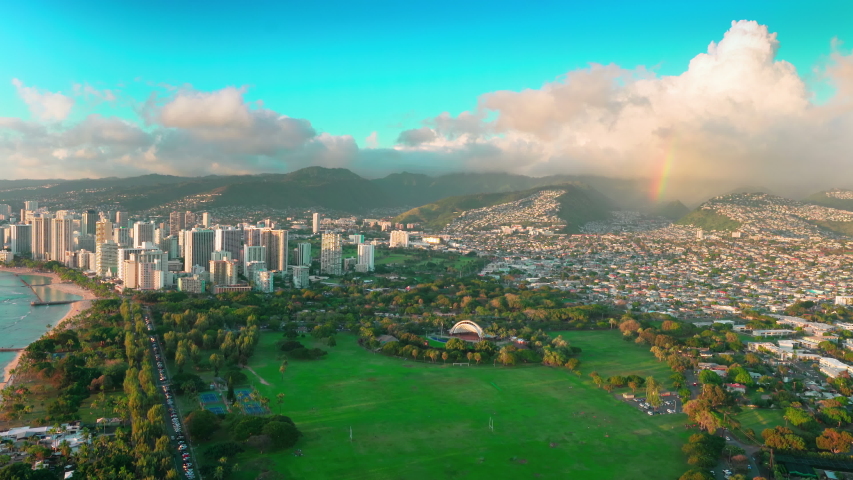Aerial view of Honolulu skyline and the Kapi olani Regional Park. Waikiki Beach. Oahu island, Hawaii. United States.