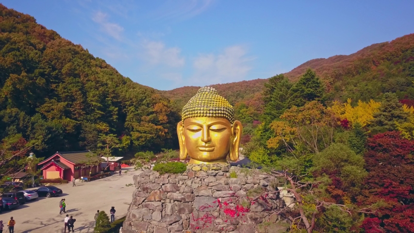 Aerial video Waujeongsa temple during Autumn season, South Korea. Aerial view from drone.