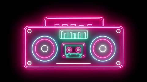 Retro Neon Rradio And Cassette Stereo Recorder Animated On A Black Background. Seamless Loop