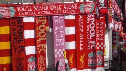 LIVERPOOL, MERSEYSIDE/ENGLAND - AUGUST 25, 2019: Liverpool football club scarves for sale, Merseyside, England