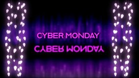 Animation of the words Cyber Monday in pink letters with reflection and strings of glowing fairy lights on purple background - Powered by Shutterstock - Get 15% off with code: PIKWIZARD15