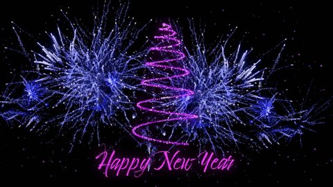Animation of the words Happy New Year and Christmas tree drawn in a sparkling purple line with fireworks in the background