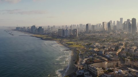 Jaffa and Tel Aviv morning skyline, Israel, 4k aerial drone view