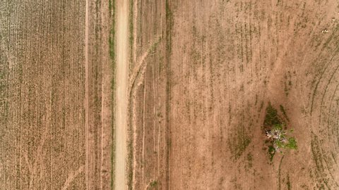 Aerial top down tracking along a dirt road on a dusty summer day in drought affected land in rural Australia