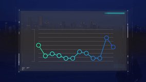 Animation of blue to green graph on a screen with cityscape in the background - Powered by Shutterstock - Get 15% off with code: PIKWIZARD15