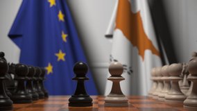 Flags of the EU and Cyprus behind chess board. The first pawn moves in the beginning of the game. Political rivalry conceptual 3D animation - Powered by Shutterstock - Get 15% off with code: PIKWIZARD15