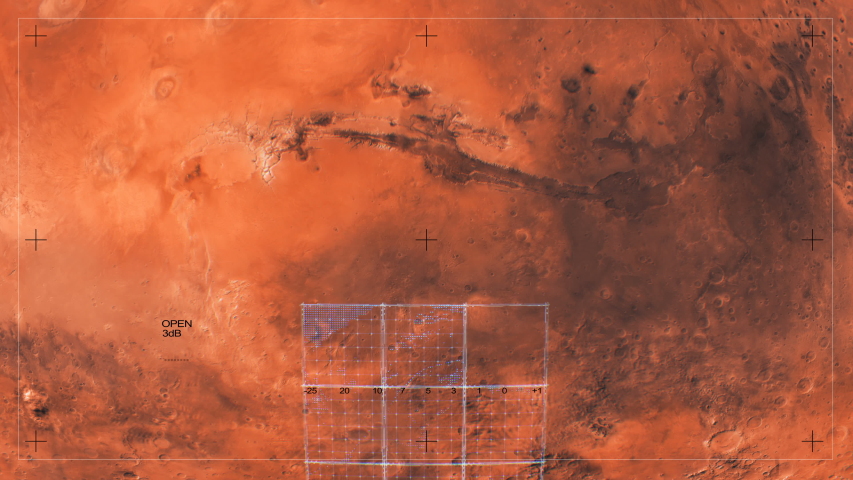 Mars surface scanned by space satellite. Geological discovery of water and life on distant planets. On sattelite camera view before rover landing on surface.