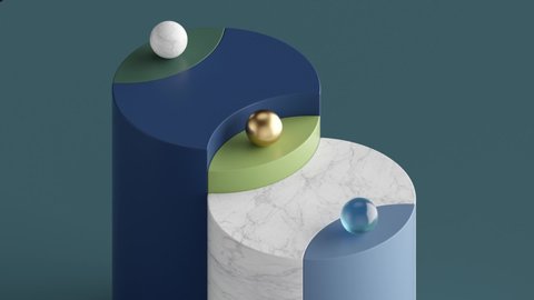 cycled loop animation of rotating podium, blank marble cylinder pedestal, simple geometric shapes, assorted balls. Cyclic motion design. Repeating movement. Live image. Modern minimal animated poster.