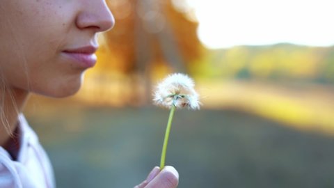 closeup face of young woman blowing on a dandelion. slow motion fullHD stock footage