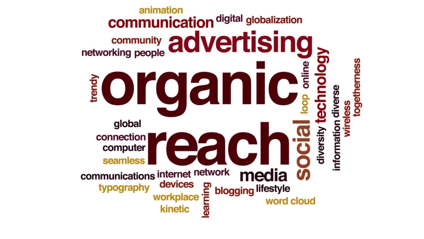 Organic reach animated word cloud. Kinetic typography.