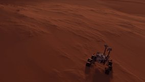 Curiosity rover on the Mars surface with sunset on the background. Rocky high mountains and desert of the red planet Mars in saturated sunlight. Scientific Space 4K Video Footage. NASA rover