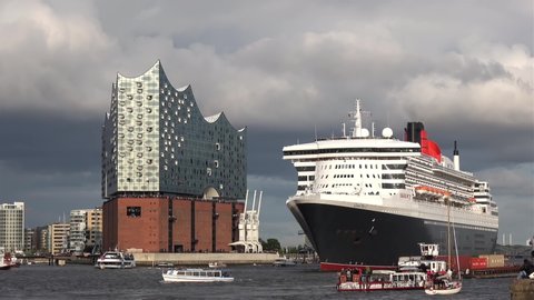 Hamburg/Germany 5.8.2018 video of queen Mary 2 living the harbour in Hamburg,taken by drone camera 