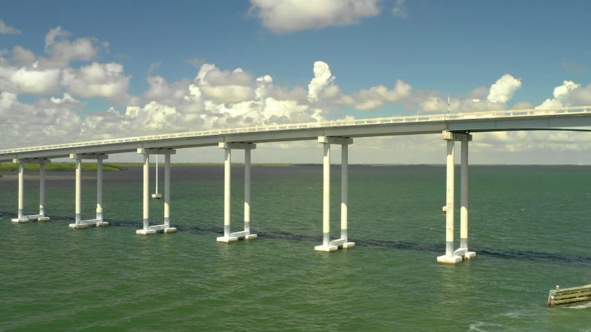 Aerial panning shot of the Monroe County toll bridge Key Largo FL