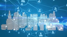 Animation of network of connecting people icons with a rotating white 3d architectural city model on a blue background - Powered by Shutterstock - Get 15% off with code: PIKWIZARD15
