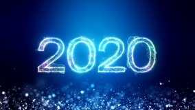 Video animation of golden light shining particles Bokeh over blue background and the message 2020 - represents the new year - holiday concept - Christmas