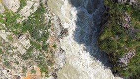 Aerial video view from drone on Altai  river Chuya. Camera looks down. Altai, Siberia, Russia.