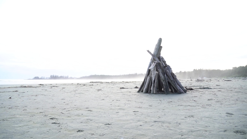 A hut made of driftwood on a sandy beach. Tofino, BC. Shot on the Sony a7iii
