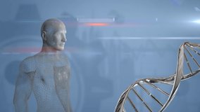 Animation of moving human body formed from grey particles with a grey metallic DNA strand on a blue background - Powered by Shutterstock - Get 15% off with code: PIKWIZARD15