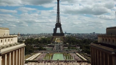 Paris / France - 02 13 2019: Aerial Drone view Eiffel Tower in Paris, France, 8th of Augustus 2018