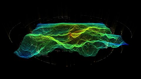 Advance motion graphic holographic terrain environment, geomorphology, topography and digital data telemetry information display for screen background