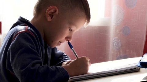 child writes with a pen in a notebook స్టాక్ వీడియో