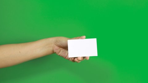 4K. set of woman hand showing blank white business name card paper in 3 different actions isolated on chroma key green screen