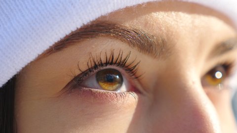 Detail view of woman brown eyes looking around. Attractive girl standing in winter forest and admiring beautiful view. Close up of female face. Slow motionの動画素材