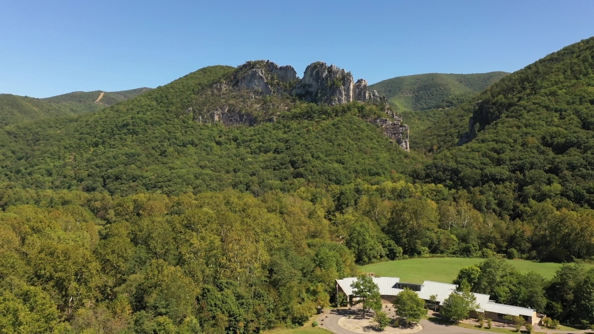 Aerial descending view of the visitor’s center and Senca Rocks at the Spruce Knob-Seneca Rocks National Recreation Area in West Virginia.