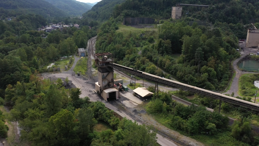 Panning view of conveyor and elevators at the Elk Run coal mine and processing facility.