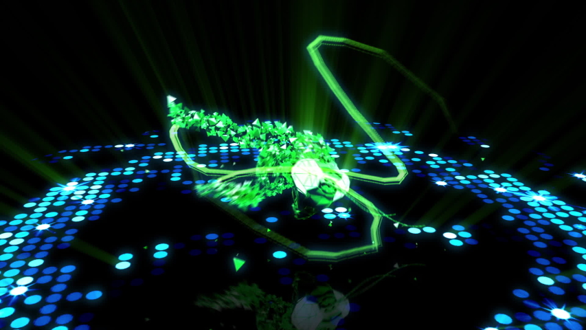 a colorful dancer doing circles on an LED floor, with bright lines and 3D particles effects
